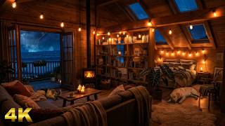 10 HOURS - Thunderstorm & Ocean Waves over a Cozy Cabin with Fireplace | Rain & Sleep Ambience