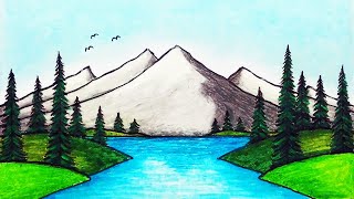 How to Draw Beautiful Mountain Lake | Easy Scenery Drawing