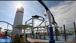 Embarkation and tour of the upper decks of the Carnival Mardi Gras cruise ship. BOLT roller coaster