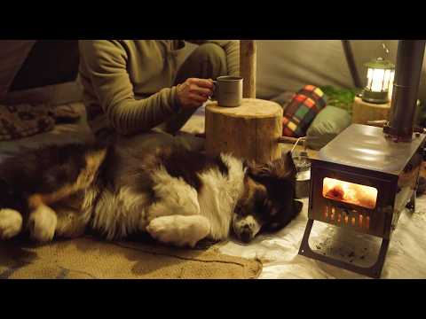 A Man and His Dog Spend the Night in a Hot Tent. Camping in the Wild Forest. No talking