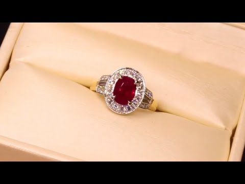 #68012 | R1.25ct/D0.55ct | Oval Ruby Ring with Diamond Halo & Shoulders | Set in 18ct Yellow Gold