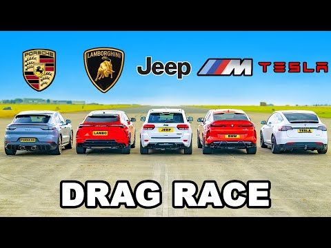 Lambo Urus v Porsche Turbo GT v BMW X6M v Tesla Model X v Jeep Trackhawk: DRAG RACE