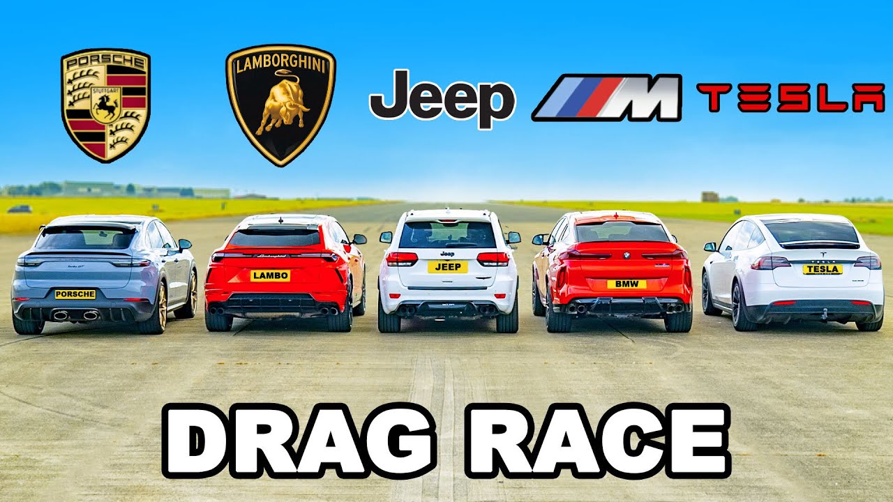 Lambo Urus v Porsche Turbo GT v BMW X6M v Tesla Model X v Jeep Trackhawk: DRAG RACE