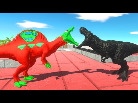 2X DINOSAURUS T-REX BLACK vs SUPERMAN SPINOSAURUS DEATH RUN - Animal Revolt Battle Simulator ARBS