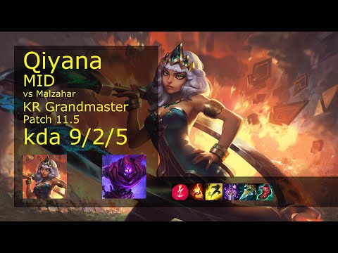 Qiyana Mid vs Malzahar - KR Grandmaster 9/2/5 Patch 11.5 Gameplay // [롤] 키아나 vs 말자하 미드