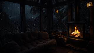 Night Rain in a Cabin with Fireplace Burns | Soothing Sounds help to Fall Asleep