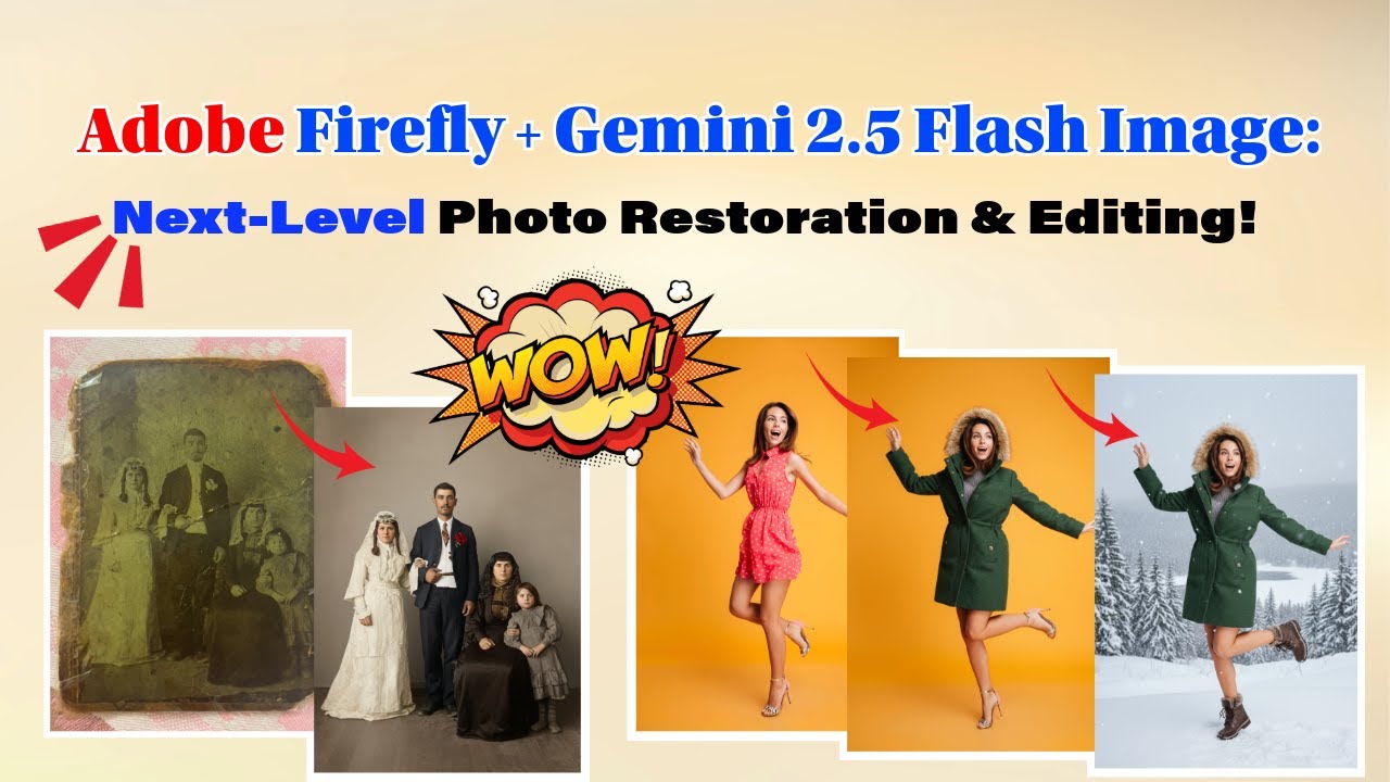Demonstration of Adobe Firefly and Gemini 2.5 Flash Image collaborating for advanced photo restoration and editing capabilities.