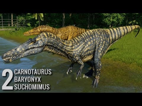 Jurassic World Evolution - 2 Carnotaurus 2 Baryonyx & 2 Suchomimus Breakout & Fight! (1080p 60FPS)