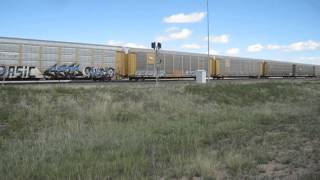 WBD Union Pacific RR #8534 leads Autorack train off US 30 near CP Quarry on Sherman Hill, Wy 9/19/13