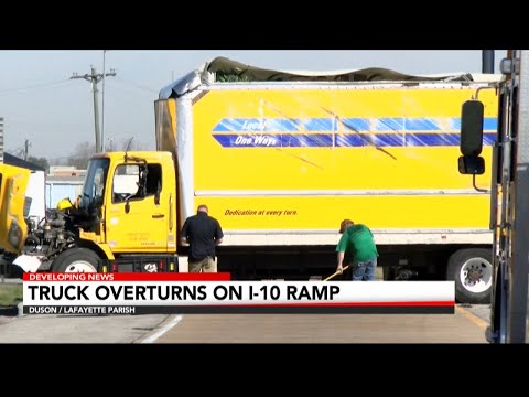Overturned box truck blocks I-10 East exit ramp to Duson for more than 3 hours