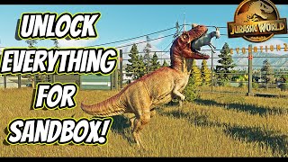 HOW TO UNLOCK ALL THE DINOSAURS AND BUILDINGS FOR SANDBOX PLAY IN JURASSIC WORLD EVOLUTION 2!