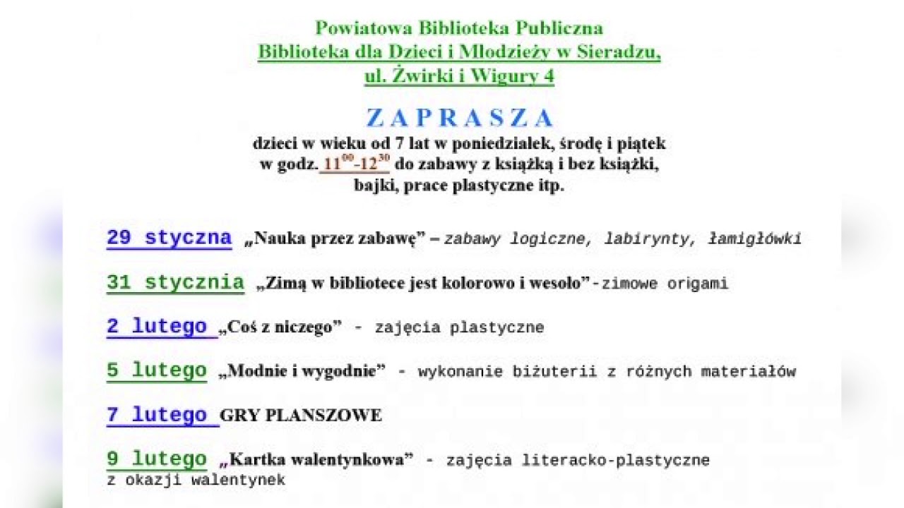 Ferie z Powiatowa Biblioteką Publiczną w Sieradzu – ogłoszenie