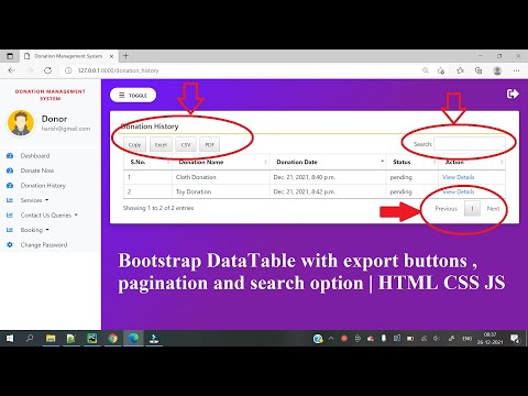 Bootstrap Datatable with export buttons pagination and search option || HTML CSS JS