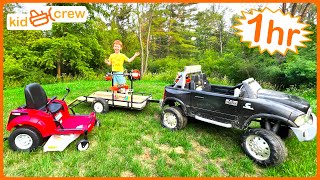 Download lagu Landscaping compilation with kids ride on zero turn mower, tractor, truck and chainsaw | Educational mp3