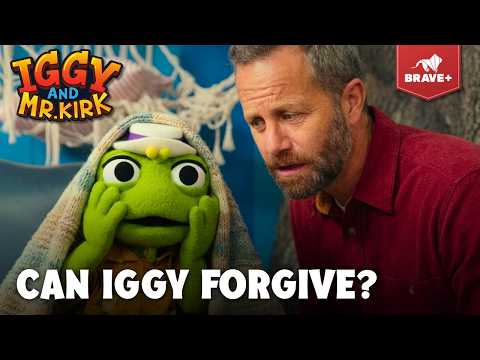 Thumbnail for Brave+ video: green puppet Iggy under a blanket beside a concerned man, caption 'CAN IGGY FORGIVE?'