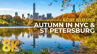 Amazing Autumn in City Parks 8K - Fall Foliage Season in New York and St Petersburg - Piano Music