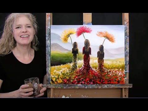 Learn How to Paint FANTASY FLOWER FIELD with Acrylic - Paint and Sip at Home - Step by Step Tutorial