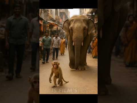 A baby monkey and a large elephant walk into two Indian markets, while people watch.🐒