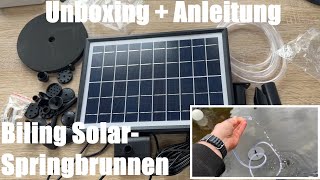 Biling Solar-Springbrunnen mit 7W Solar-Panel 1500 mAh Akku Solar-Teichpumpe, Unboxing und Anleitung