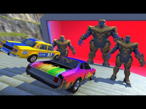 Crazy Vehicle Stairs Jumps Down In Vertical Red Slime Pool With THANOS - BeamNG.Drive Stairs Jumps