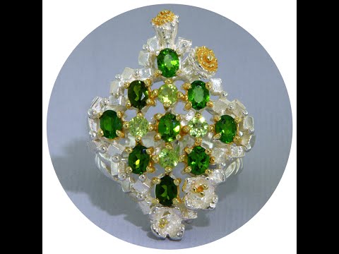 Inel Statement Argint 925 Accente Aurite Crom Diopsid Peridot Naturale