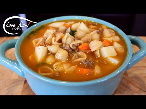 Traditional Mexican Concha Shell Soup with Ground Beef (Sopa de Conchitas con Carne Molida)