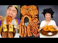 ASMR MUKBANG Fire Noodles Rice Paper Wrap Kielbasa Vienna Frank Sausage Big Ham Fried Chicken