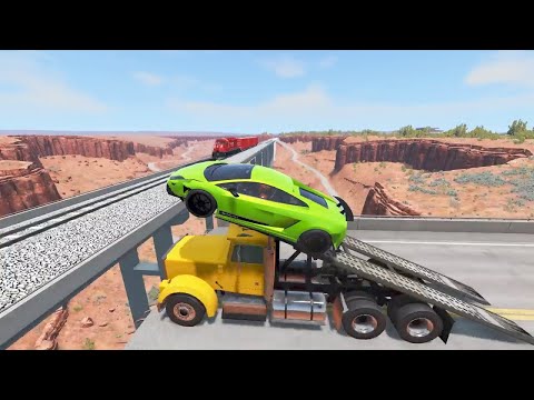 Cars and Ramp Truck vs Trains and Broken Bridge BeamNG.Drive!