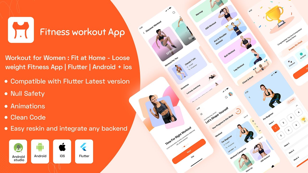 Workout for Women: Fit at Home - Loose weight Fitness App | Flutter | Android + Ios template