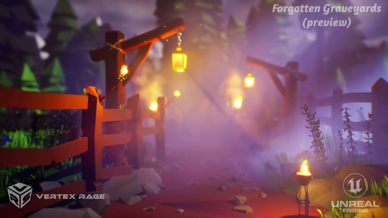 Strolling through the night forest lit by new lamp post models made for upcoming Forgotten Graveyard