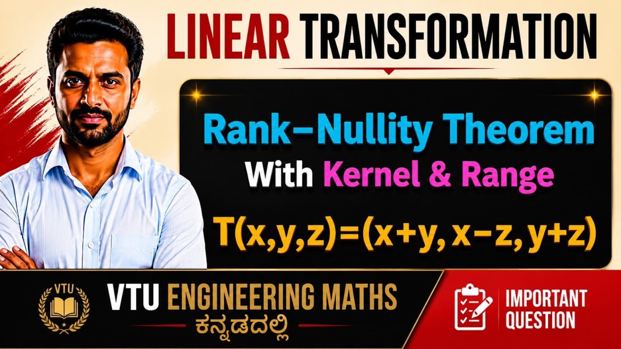 Rank, Nullity, Kernel & Range | T(x, y, z) = (x+y, x−y, 2x+z) | Rank–Nullity Theorem | VTU Maths