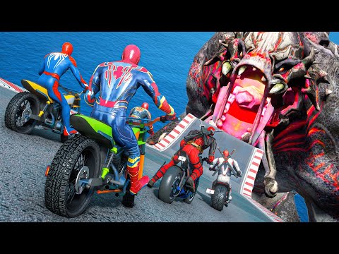 SPIDERMAN VERSE VS DEADPOOL ARMY | Motorbikes Challenge Monster Ramps (Funny Contest) #168