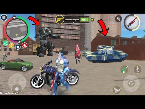 Rope Hero Vice Town - (Old Rope Hero Drive Skull Bike) Army Tank in Building Hole Fight Car Robot