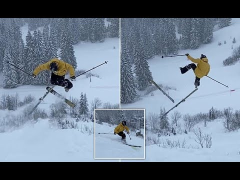Daredevil loses both skis in mid-air as he does a stunt jump