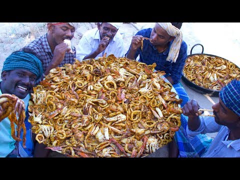 SEAFOOD FRY | Squid Prawns Crabs Fry | Three in One Mix Recipe | Seafood Recipe | Tasty Village Food