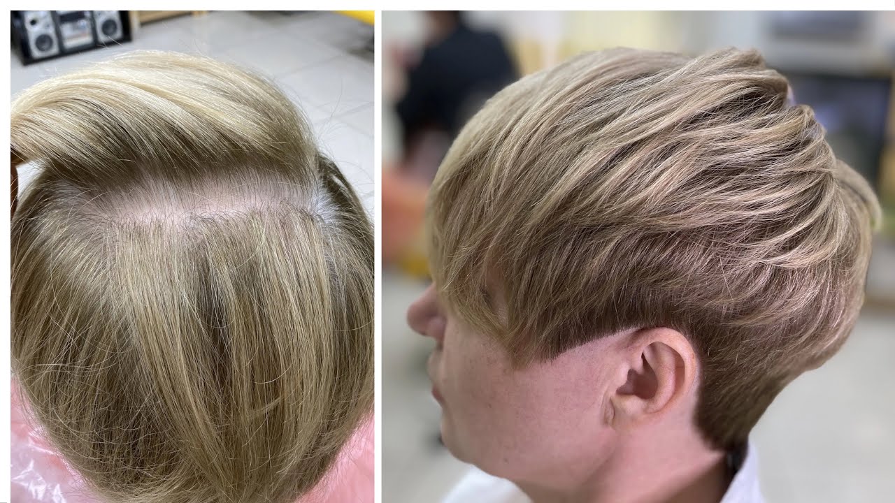 Закрашивание стекловидной 💯% седины в русый оттенок 7.0 + Техника стрижки пикси / Pixie бритвой.