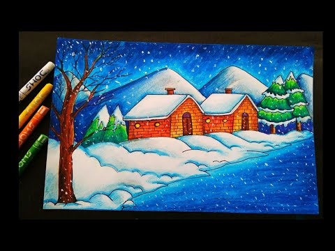 Easy winter snowfall scenery drawing for Beginners with oil pastel/ How to draw winter scenery