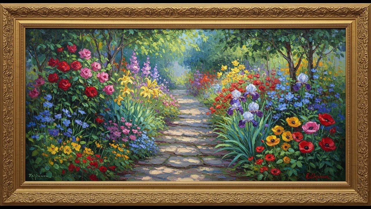 Enchanting Garden Stone Path 🌿 4K Digital Gallery | 迷幻花園石階小徑：2小時古典風景油畫、舒壓背景、4K 超高清壁紙