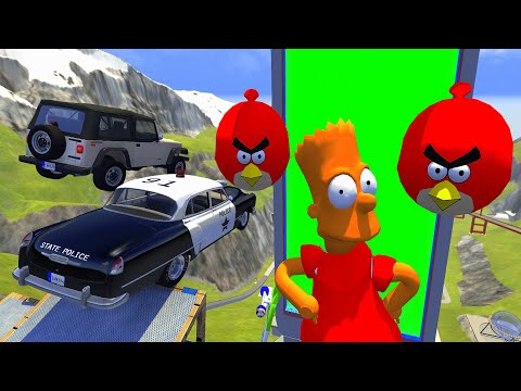 Crazy Vehicle High Speed Jumps Over BART & Angry Birds In Vertical Green Slime Pool - BeamNG.drive