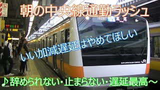 朝ラッシュの中央線快速(八王子～新宿　側面車窓)この日も絶好調に遅延