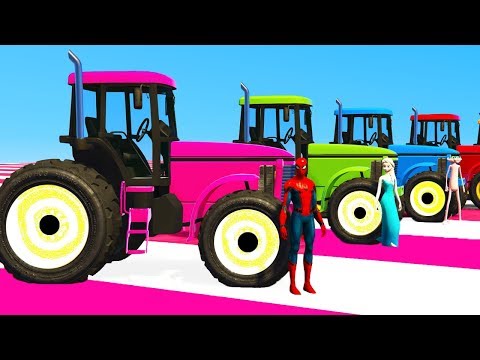 COLOR TRACTOR for Kids And Helicopter Spiderman Cars - Learn Colors w Superheroes Cartoon 3d