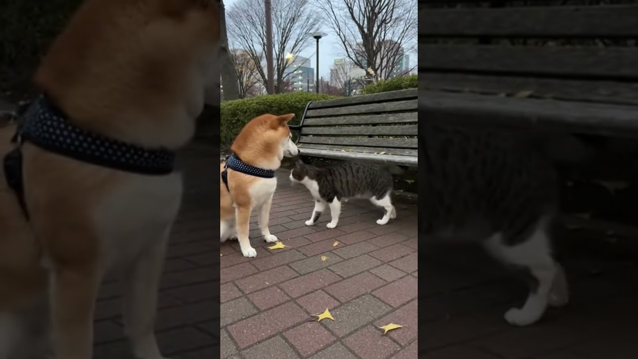 目線だけで犬を座らせる猫先輩、強い🐱🐶 #cat #dog #park #japan #animals @chiero_piero