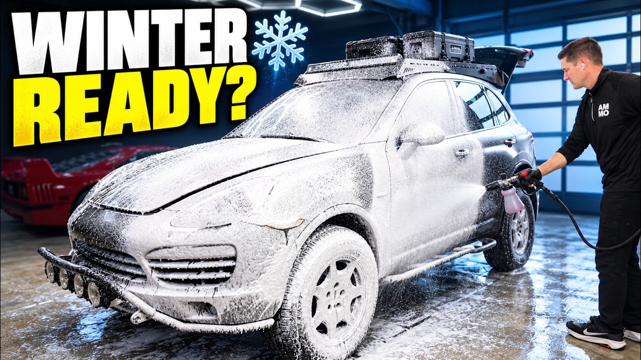 Porsche Cayenne being washed and prepared for winter in a driveway