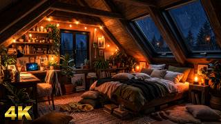 Rainy Night in a Cozy Attic Bedroom | Relaxing Rain Sounds on Skylight Windows 🌧️✨ - No Fireplace