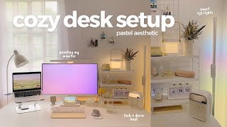 desk setup makeover — cozy pastel aesthetic, tech haul, painting my monitor, organize with me