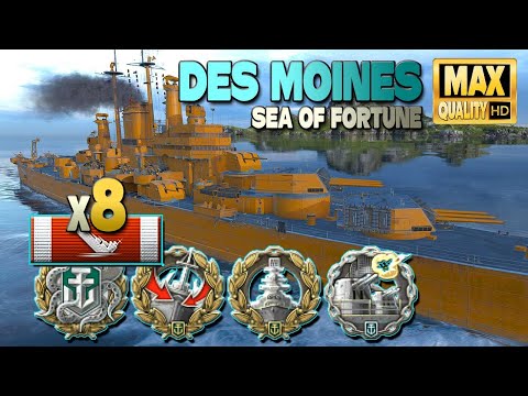 Cruiser Des Moines on map Sea of Fortune, tense game - World of Warships