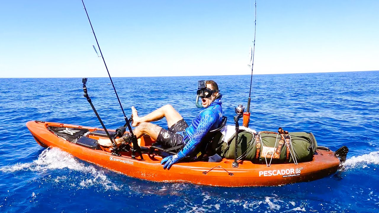 Solo Kayak Camping in Remote Ocean - Spearfishing for Food Catch and Cook - Towed by a Big Fish