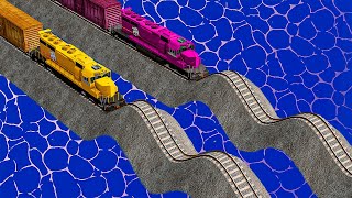 Download lagu Double Colorful Trains Vs Wavy Impossible Weird Rails Tracks Crossing Deepwater | BeamNG.drive mp3