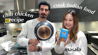 Chinese girl first time cook with Indian guy chili chicken in Japan filmed by American guy