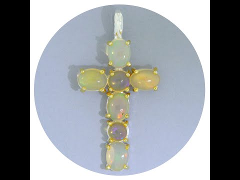 Pandantiv Argint 925 Accente Aurite Cruce Opal Etiopian Natural - Eleganta si Spiritualitate
